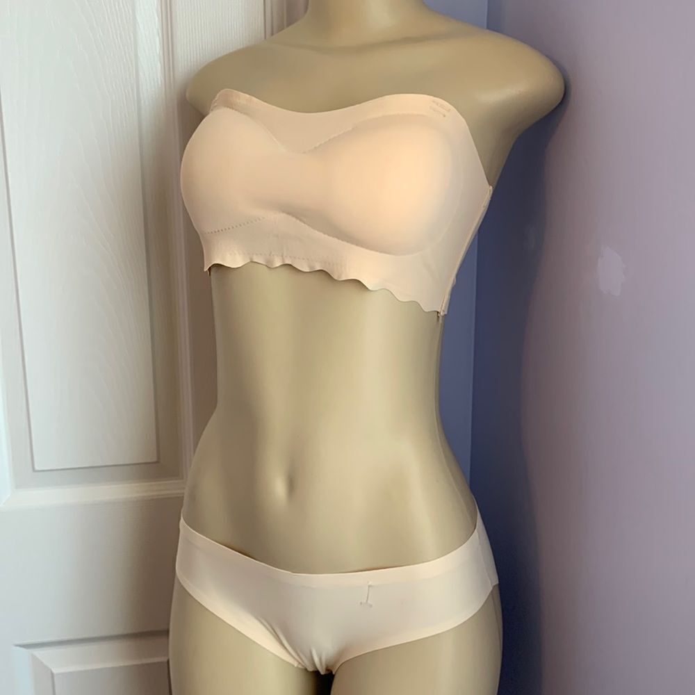 Laser Cut SOFT Strapless Multi-way Bra Panties Set Large Beige Nude